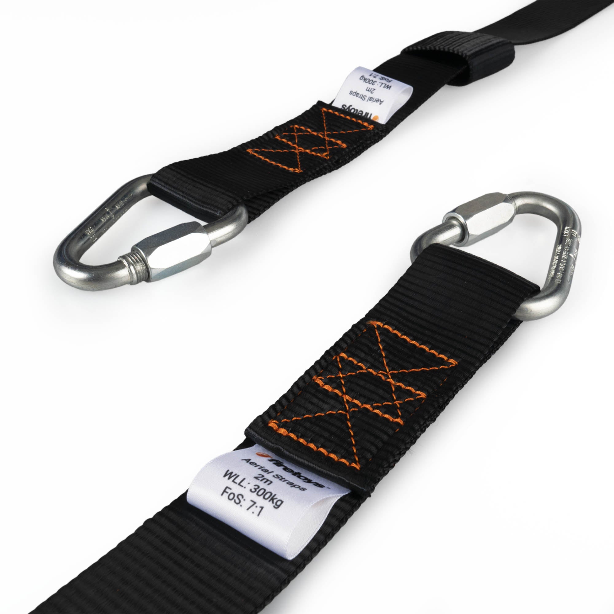 Firetoys aerial straps in black laying showing label and stitching finish